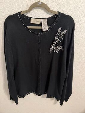 Lemon Grass Black Button-Front Embroidered Cardigan